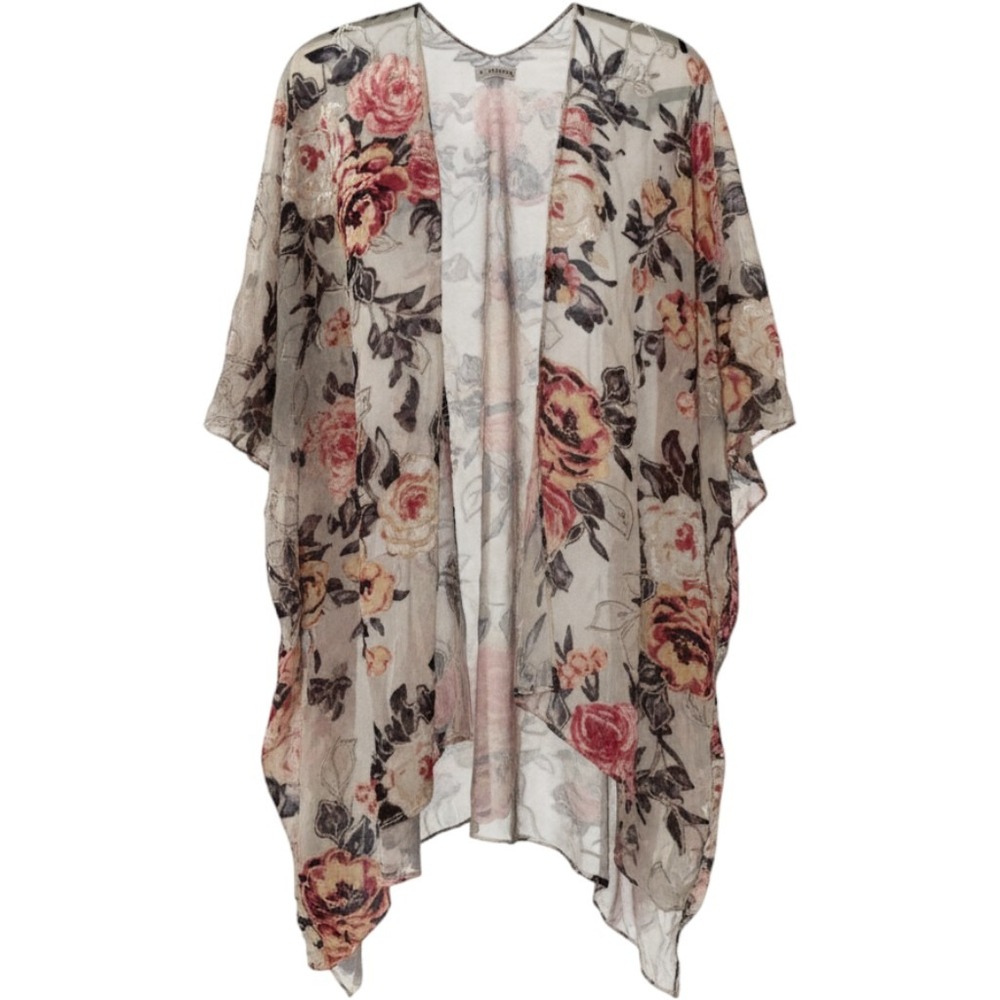 L.A. Soul Kimono OS Cream Floral Velvet Burnout Metallic Sheer Wrap Whimsigoth